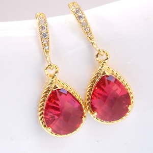 Fuchsia Earrings, Fuschia Earrings, Gold, Hot Pink, Cubic Zirconia Wedding Jewelry, Bridesmaid Earrings, Bridal Earrings, Bridesmaid Gifts