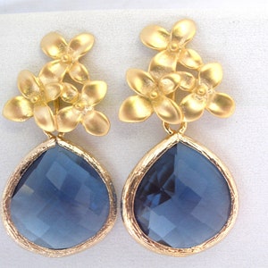 Blue Earrings, Glass Earrings, Flower Earrings, Montana Blue, Gold Earrings, Bridesmaid Earrings, Bridal Earrings Jewelry, Bridesmaid Gifts