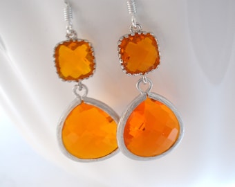 Orange Earrings, Silver Earrings, Tangerine, Carnelian, Glass Earrings, Wedding, Bridesmaid Earrings, Bridal Earrings, Bridesmaid Gifts