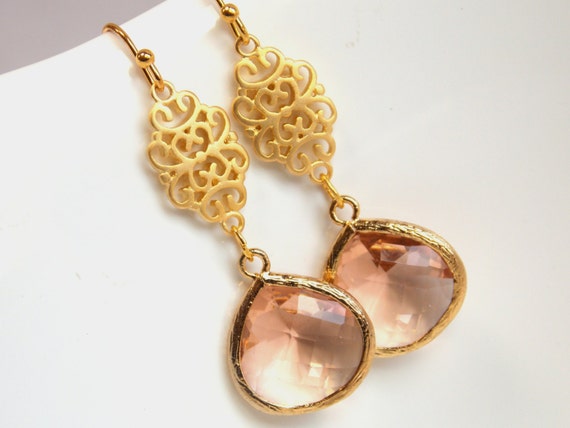 Peach Earrings, Blush Earrings, Gold, Champagne, Bridesmaid  Peach Bridesmaid Earrings - Blush Bridesmaid Earrings - Peach Gold Earrings - We display picture 1