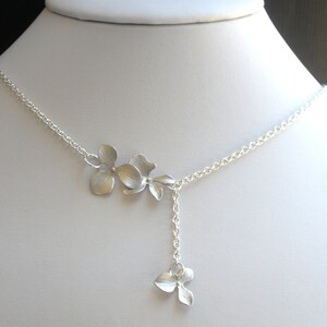 Orchid Flower Necklace, Orchid Lariat Necklace, Triple, Silver Necklace, Wedding, Bridesmaid Gifts, Bridesmaid Gift, Silver Orchid Necklace image 3