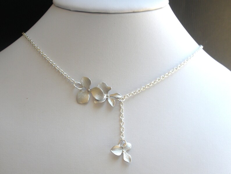 Orchid Flower Necklace, Orchid Lariat Necklace, Triple, Silver Necklace, Wedding, Bridesmaid Gifts, Bridesmaid Gift, Silver Orchid Necklace image 3