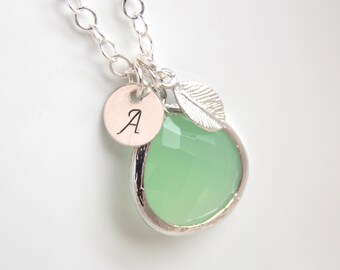 Initial Necklace, Sterling Silver Personalized Necklace, Light Green Pendant, Glass, Mint Necklace, Leaf Charm, Mom Gift, Bridesmaid Gift