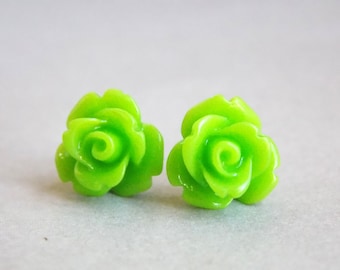 Green Apple Earrings, Stud Earrings, Rose Earrings, Flower Earrings, Lime, Wedding, Bridesmaid Earrings, Bridesmaid Gifts