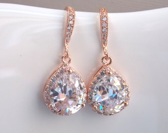 Bijoux de mariage, Boucles d’oreilles de mariée, Zirconia cubique d’or rose, verre, boucles d’oreilles en cristal, boucles d’oreilles de demoiselle d’honneur, boucles d’oreilles d’épouse, cadeau de demoiselle d’honneur