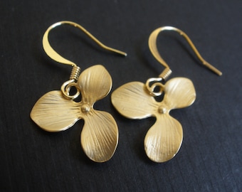 Gold Orchid Earrings, Flower Earrings, Triple Petal, Matte Finish, Gold Orchid, Gold Flower Earrings, Bridesmaid Earrings, Bridesmaid Gifts