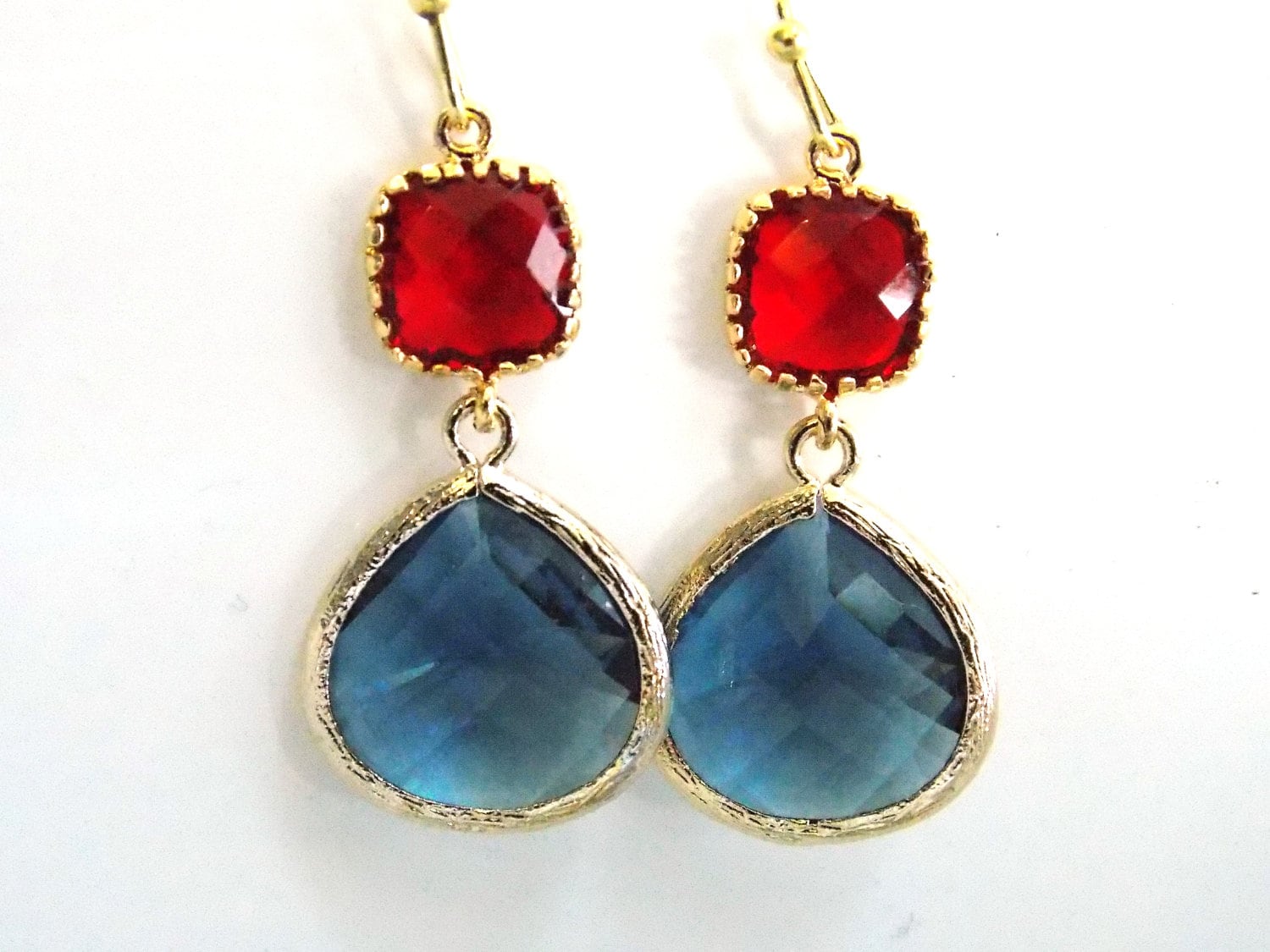 Veronica Two Tone Color Cut Glass Dangle Earrings in Red