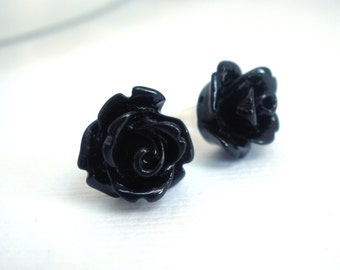 Black Rose Earrings, Black Earrings, Flower Stud Earrings, Cabochon Flower Earrings, Post Earrings, Bridesmaid Earrings, Bridesmaid Gifts