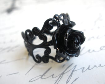Black Ring, Black Rose Ring,  Adjustable Ring, Flower Ring, Silver Ring, Petite Ring, Cabochon Ring, Filigree Ring, Friend Gift, Teenager