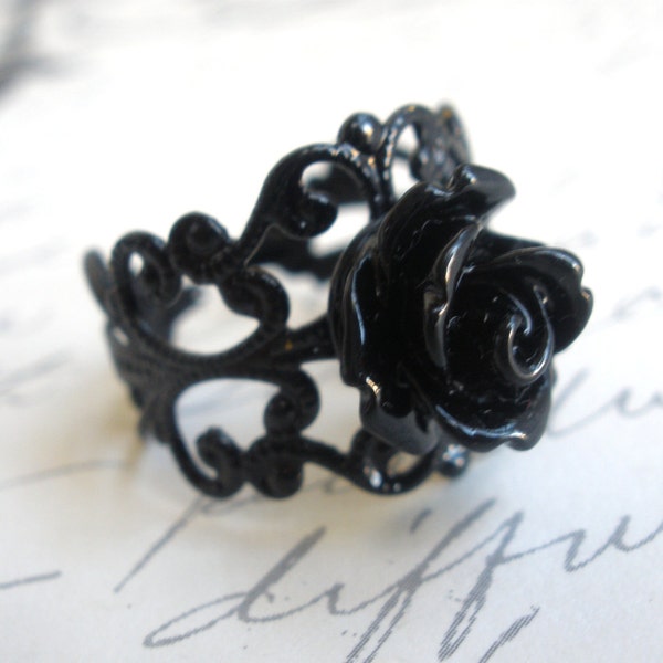 Black Ring, Black Rose Ring,  Adjustable Ring, Flower Ring, Silver Ring, Petite Ring, Cabochon Ring, Filigree Ring, Friend Gift, Teenager