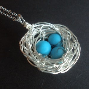 Sterling Silver Bird Nest Necklace with Turquoise Pearls, Birds Nest Necklace, Wire Wrapped, Mother&#39;s Jewelry, Mother&#39;s gifts, Mom
