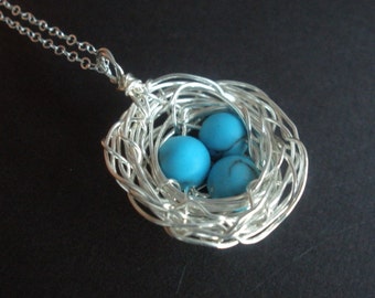 Sterling Silver Bird Nest Necklace with Turquoise Pearls, Birds Nest Necklace, Wire Wrapped, Mother's Jewelry, Mother's gifts, Mom