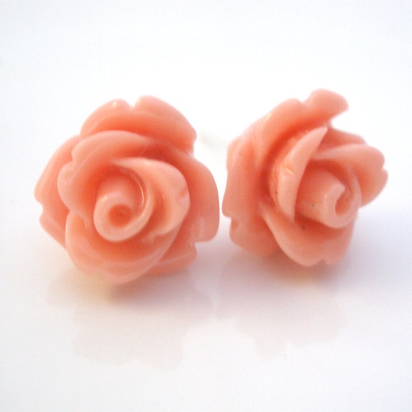 Peach Earrings, Peach Stud Earrings, Pink Earrings, Salmon Coral Peach Rose Earrings, Flower Earrings, Bridesmaid Earrings, Bridesmaid Gifts