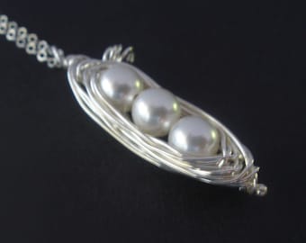 Sterling Silver Peapod Necklace, Sterling Silver Necklace, Pea Pod, Peas in a Pod Necklace, Mother's Necklace, Mothers Jewelry, Wire Wrapped
