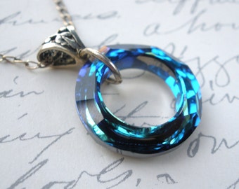 Crystal Necklace, Blue Necklace, Crystal Pendant, Bermuda Blue, Sterling Silver Necklace, Circle Necklace, Ocean Blue, Mom Gift, Friend Gift