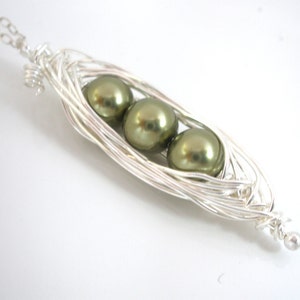Peapod Necklace, Sterling Silver, Sterling Silver Pea Pod, Peas in a Pod, Moms Gift, Pea, Mothers Necklace, Green Pearl, Wire Wrapped