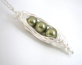 Peapod Necklace, Sterling Silver, Sterling Silver Pea Pod, Peas in a Pod, Moms Gift, Pea, Mothers Necklace, Green Pearl, Wire Wrapped