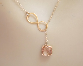 Gold Filled Infinity Lariat Necklace, Infinity Pendant, Glass, Peach Necklace, Champagne Blush, Eternity Necklace, Mom Gift, Bridesmaid Gift