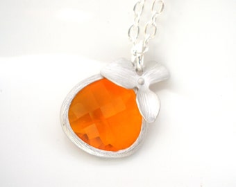 Orange Necklace, Orange Pendant, Tangerine Silver Necklace, Silver Orchid Flower, Carnelian, Glass, Bridesmaid Necklace, Bridesmaid Gift