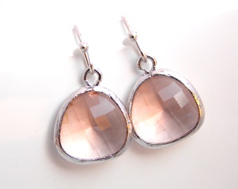 Peach Earrings, Glass, Silver Earrings, Champagne, Beige, Blush, Bridesmaid Earrings, Bridal Earrings, Bridesmaid Jewelry, Bridesmaid Gifts