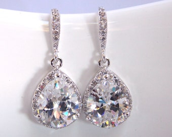 Wedding Jewelry, Bridal Earrings, Cubic Zirconia, Glass, Crystal Earrings, Silver, Bridesmaid Earrings, Bride Earrings, Bridesmaid Gift