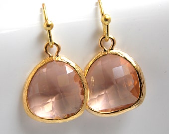 Peach Earrings, Glass, Gold Earrings, Blush, Champagne Earrings, Nude, Bridesmaid Earrings, Bridal Earrings Jewelry, Bridesmaid Gifts