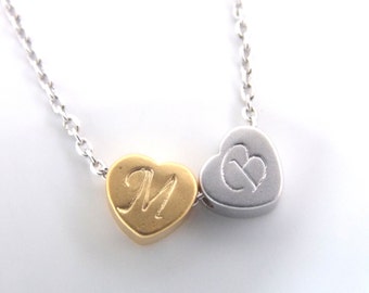 Heart Necklace, Silver Double Heart Pendant, Two initials, Two Hearts, Initial, Personalized, Hand stamped, Gold and Silver, Valentines Gift