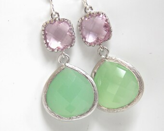 Silver Green Mint Earrings, Light Green, Pink Earrings, Light Pink, Rose, Wedding, Bridesmaid Earrings, Bridal Jewelry, Bridesmaid Gifts