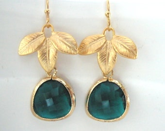 Emerald Earrings, Glass, Leaf Earrings, Green Earrings, Gold Dark Green, Bridesmaid Earrings, Bridal Earrings Jewelry, Bridesmaid Gifts