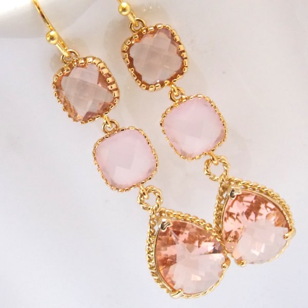 Gold Peach Earrings, Pink Earrings, Champagne Earrings, Glass, Bridesmaid Jewelry, Wedding Jewelry, Bridesmaid Earrings, Bridesmaid Gifts