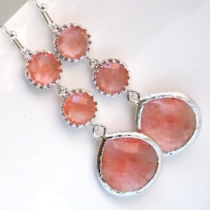 Silver Coral Earrings, Peach Earrings, Champagne Earrings, Glass, Bridesmaid Jewelry, Wedding Jewelry, Bridesmaid Earrings, Bridesmaid Gifts