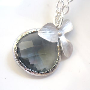 Gray Necklace, Grey Necklace, Charcoal Pendant, Orchid Silver Necklace, Silver Orchid Flower Necklace, Bridesmaid Necklace, Bridesmaid Gift