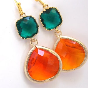 Orange Earrings, Emerald Green Earrings, Glass, Tangerine, Gold Earrings, Bridesmaid Earrings, Bridal Earrings Jewelry, Bridesmaid Gifts