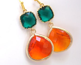 Orange Earrings, Emerald Green Earrings, Glass, Tangerine, Gold Earrings, Bridesmaid Earrings, Bridal Earrings Jewelry, Bridesmaid Gifts