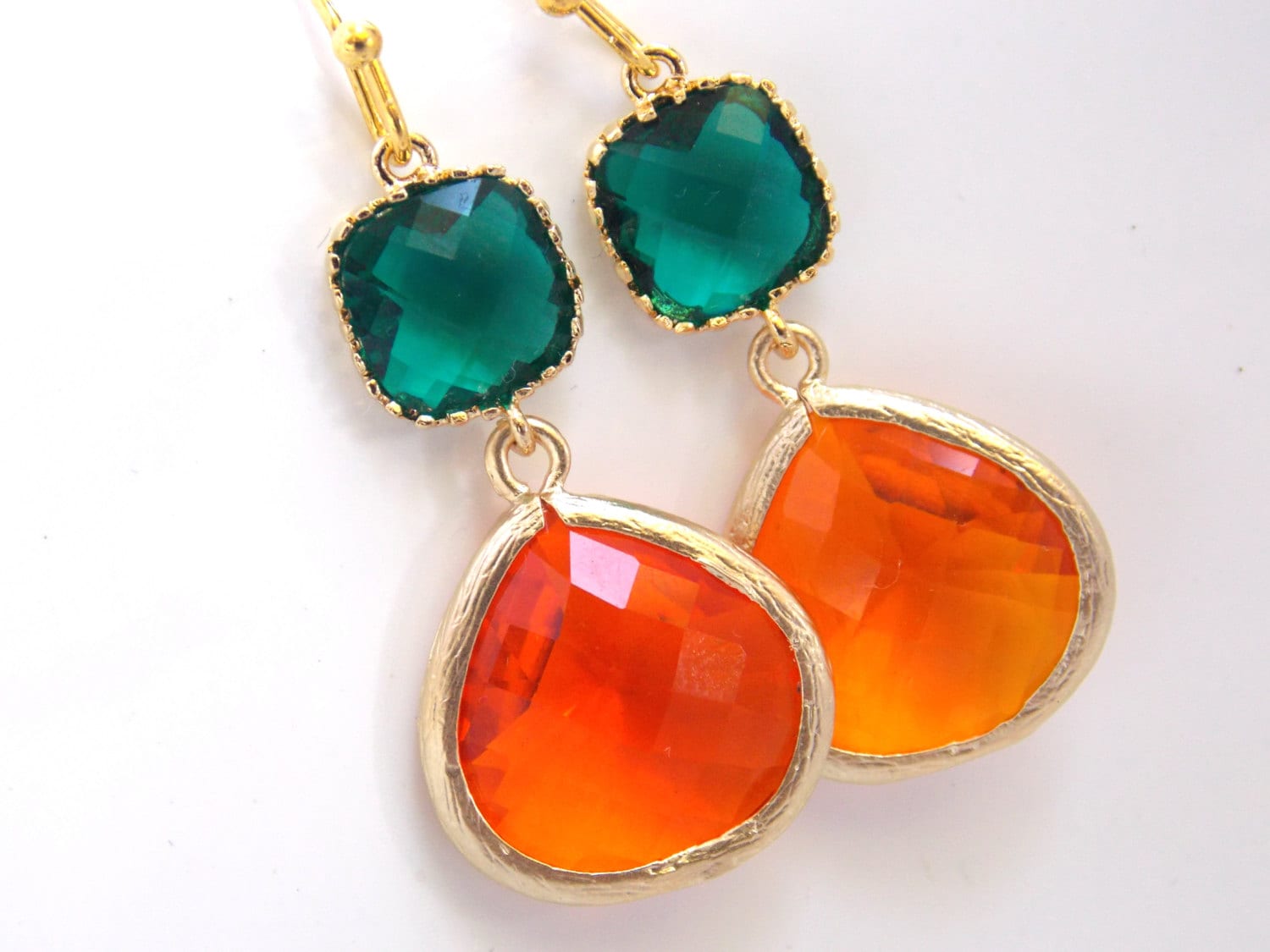 Orange Earrings Emerald Green Earrings Glass Tangerine Gold Earrings Bridesmaid Earrings Bridal Earrings Jewelry Bridesmaid Gifts