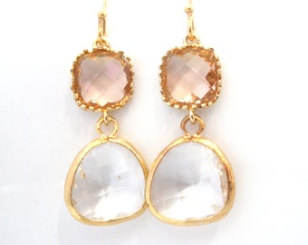 Glass Earrings, Peach Earrings, Crystal Earrings, White, Beige, Champagne, Gold, Wedding, Bridesmaid Earrings, Bridesmaid Gifts
