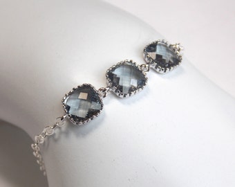 Gray Bracelet, Charcoal Bracelet, Glass, Grey, Sterling Silver Bracelet, Wedding Jewelry, Bridal, Bridesmaids Bracelet, Bridesmaid Gifts