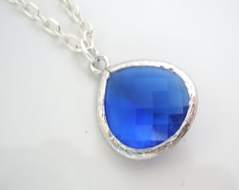 Blue Necklace, Silver Blue Pendant, Cobalt Blue, Dark Blue, Silver Necklace, Glass Necklace, Weddings, Bridesmaid Necklace, Bridesmaid Gift