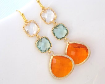 Orange Earrings, Green Earrings, Clear, Tangerine, Soft Green, Light Green, Carnelian, Glass, Gold, Bridesmaid Earrings, Bridesmaid Gifts