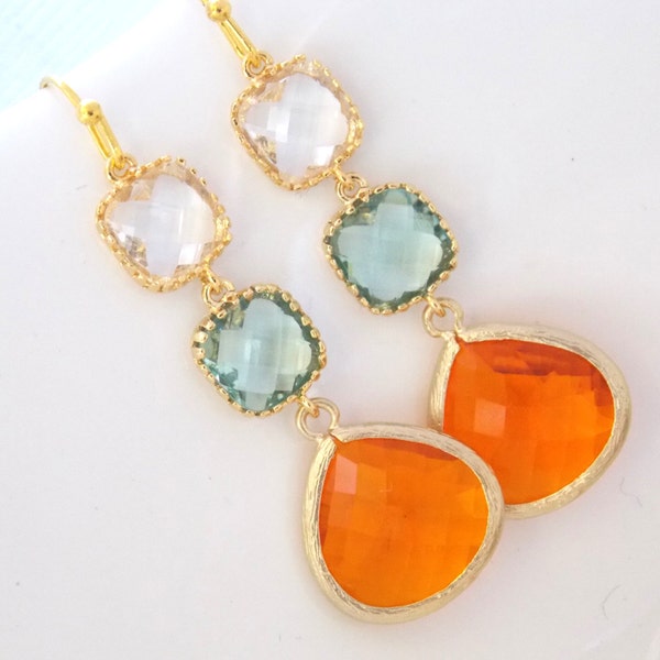 Orange Earrings, Green Earrings, Clear, Tangerine, Soft Green, Light Green, Carnelian, Glass, Gold, Bridesmaid Earrings, Bridesmaid Gifts