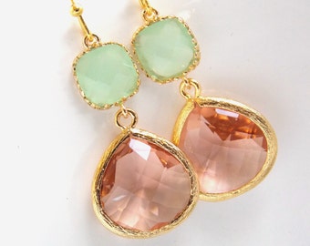 Gold Peach Earrings, Mint Green Earrings, Champagne Earrings, Bridesmaid Jewelry, Wedding Jewelry, Bridesmaid Earrings, Bridesmaid Gifts