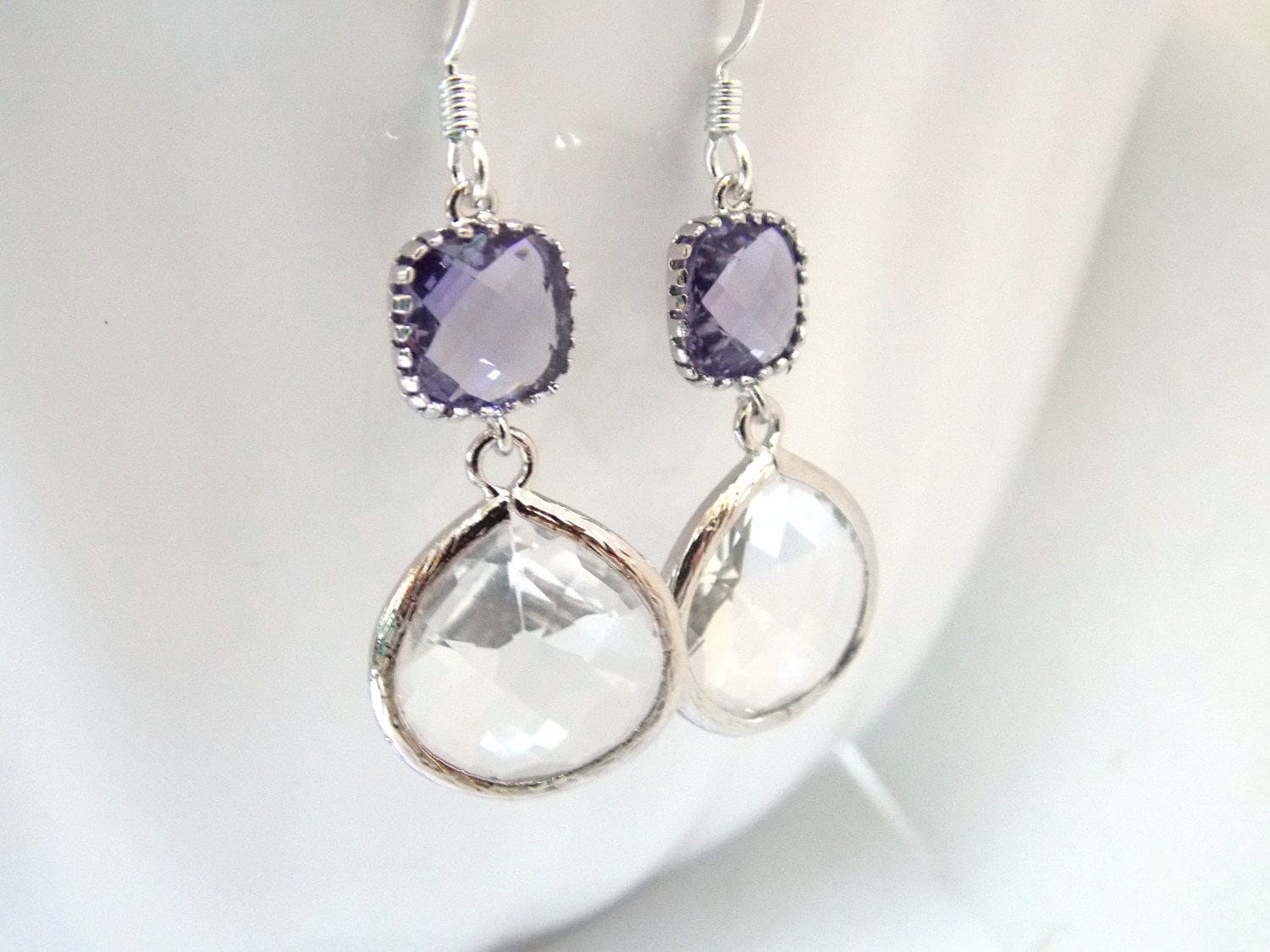 Glass Earrings Crystal Earrings Purple Earrings Clear Etsy