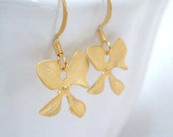 Gold Flower Earrings, Matte Finished, Orchid Four Petal Flower, Orchid Earrings, Weddings, Bridesmaid Earrings, Bridesmaid Gifts