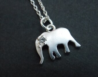 Elephant Necklace, Silver Necklace, Silver Elephant Pendant, Silver, Cubic Zirconia, Friend Gift, Cute Gift, Animal Jewelry