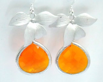 Orange Earrings, Tangerine Earrings, Glass Earrings Silver Carnelian Flower Earrings, Wedding Jewelry, Bridesmaid Earrings, Bridesmaid Gifts