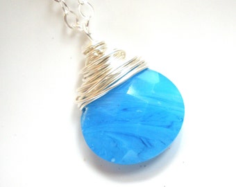 Blue Necklace, Sterling Silver Necklace, Blue Pendant Turquoise, Light Blue, Glass Necklace, Blue Necklace Aqua Blue Briolette, Wire Wrapped