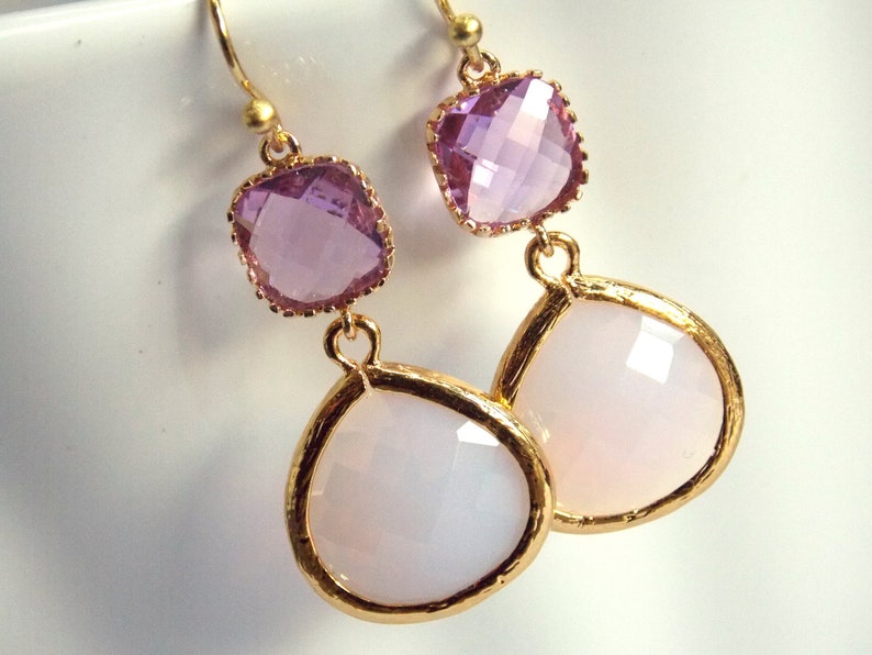 Lavender Earrings, Purple Earrings, Glass, Violet Opal Earrings, Lilac, Gold, Wedding Jewelry, Bridesmaid Earrings, Bridal, Bridesmaid Gift image 2