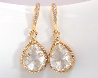 Crystal Earrings, Gold Earrings, Wedding Earrings, Bridesmaid Earrings, Bride Earrings, Cubic Zirconia, Bridal Earrings, Bridesmaid Gifts