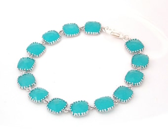 Glass Bracelet, Mint, Blue, Aqua Blue, Silver, Square, Bridesmaid Bracelet, Bridesmaid Jewelry, Bridal Jewelry, Bridesmaid Gifts