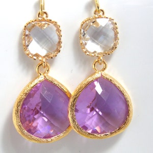 Glass Earrings, Lavender Earrings, Purple, Lilac, Clear Earrings, Transparent, Gold Earrings, Bridesmaid Earrings, Bridal, Bridesmaid Gifts